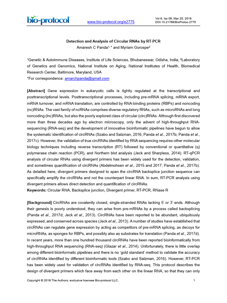 Detection and Analysis of Circular RNAs by RTPCR PDF Reverse