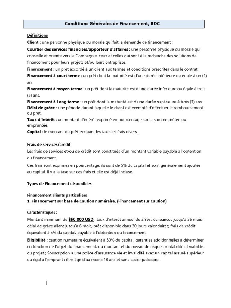 Financements disponibles en RDC | PDF | Crédit | Finance et gestion ...