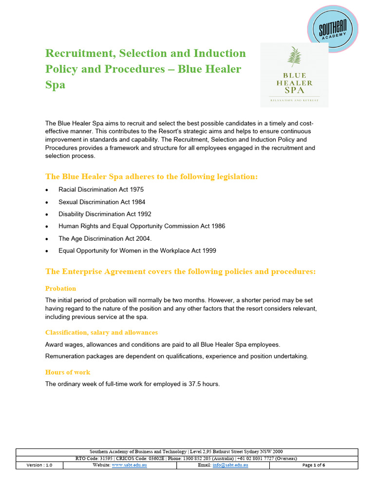 SITXHRM010 - Recruitment Selection and Induction Policy and Procedures ...