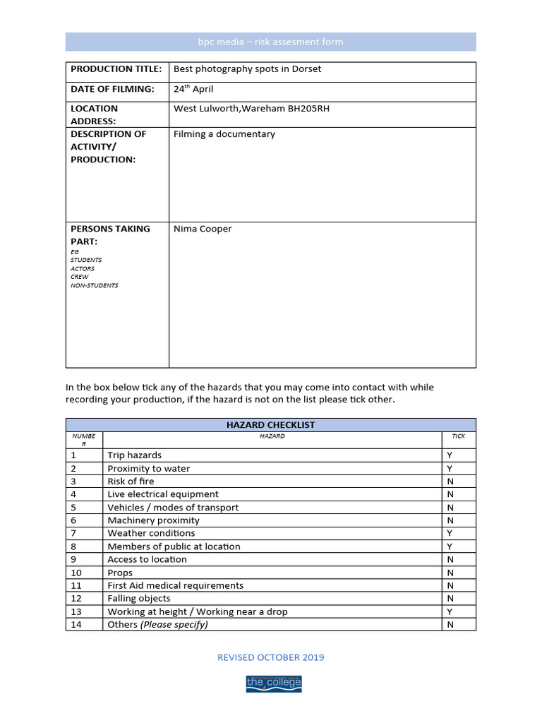Risk Assesment Lulworth Cove 1 MB | PDF | Risk Assessment | Safety