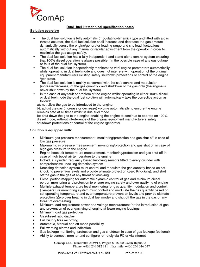 Dual Fuel Kit Technical Specifications | PDF | Diesel Engine | Gases