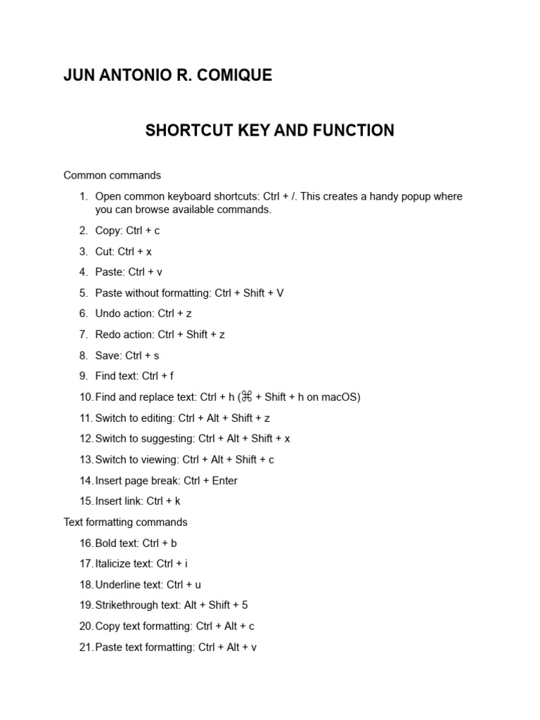 Shortcut Key And Function Pdf