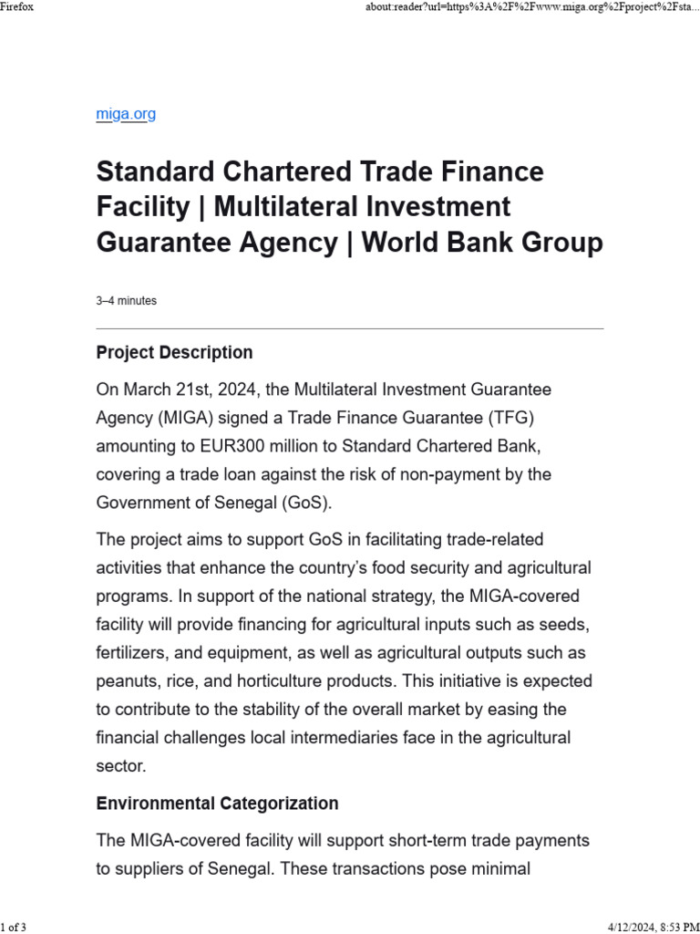 Standard Chartered Trade Finance Facility Multilateral Investment