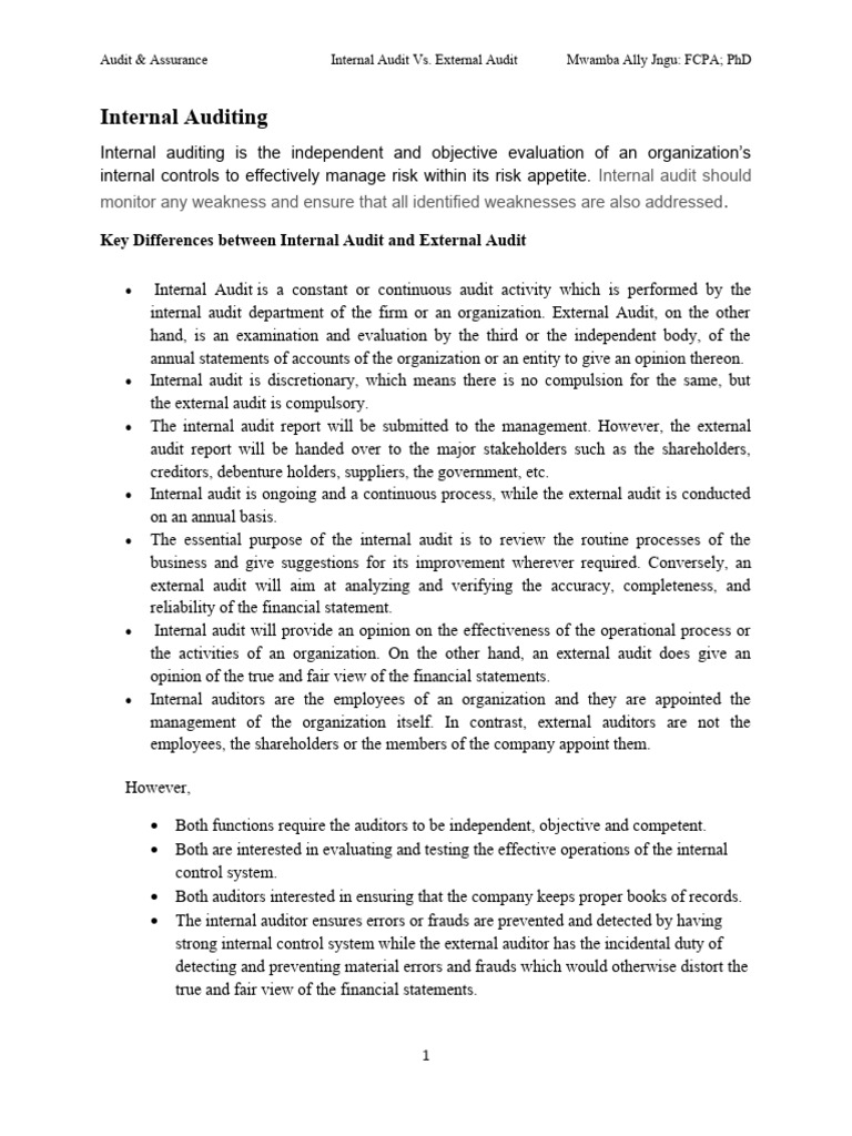 Internal Audit Vs External Audit Pdf Audit Internal Audit