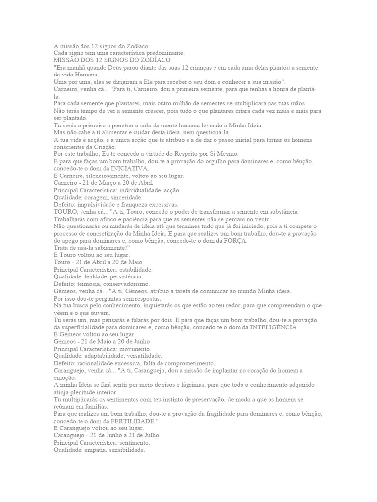 Missão dos 12 Signos do Zodíaco | PDF | Amor