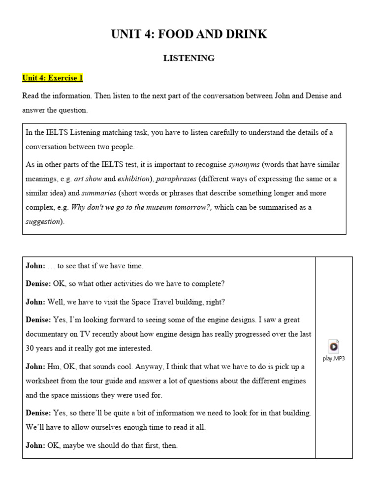 Unit 4 Listening: Food and Drink Activities | PDF