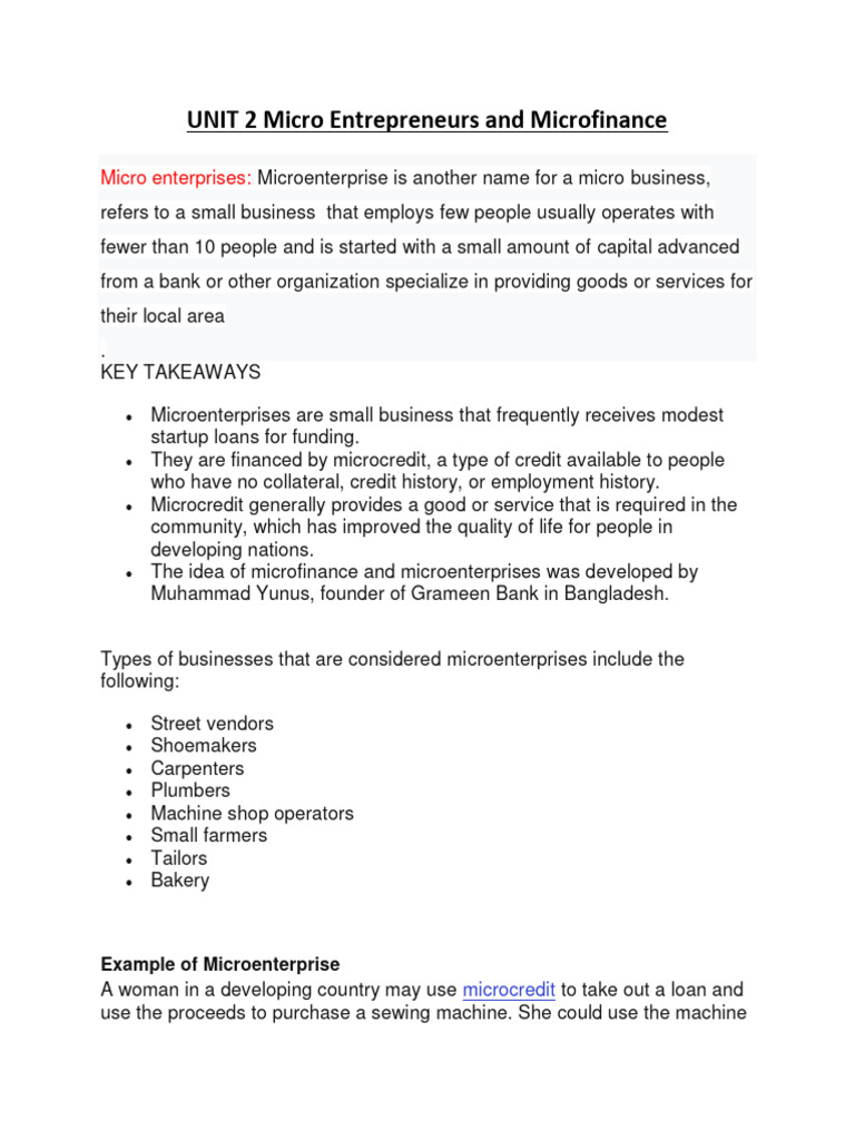Unit 2 Micro Entrepreneur And Microfinance Pdf Microcredit Marketing