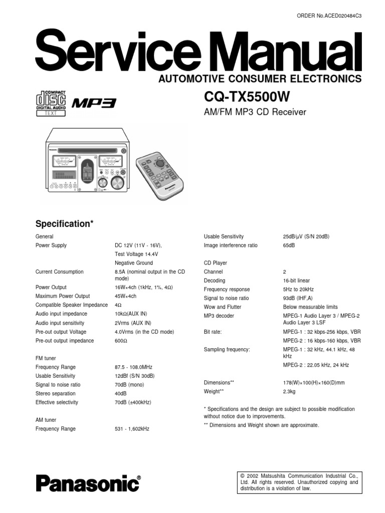 Panasonic CQ-VX5500 カーオーディオ 本体、説明書、リモコン。 Panasonic CQ-TX5500W Receiver Specs | PDF | Compact Disc | Signal