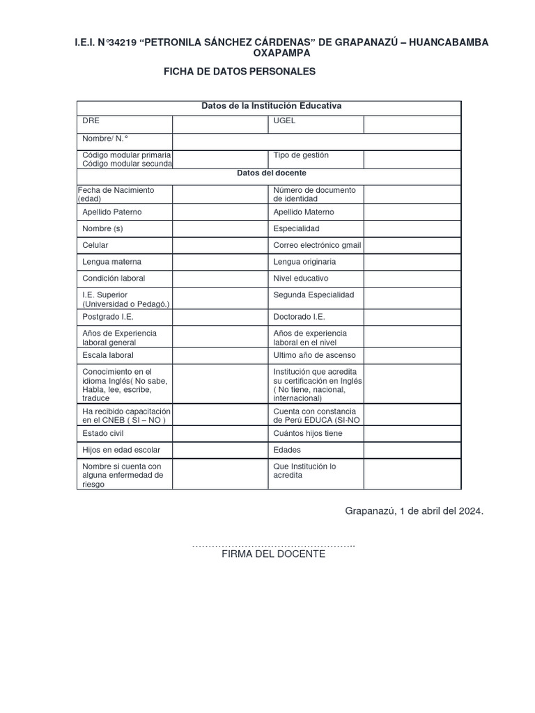 Ficha de Datos Personales Docente I.E. 34219 | PDF | Salud y bienestar
