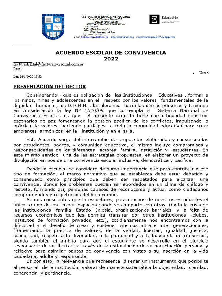 Acuerdo Escolar de Convivencia 2022 | PDF | Escuelas | Enseñando