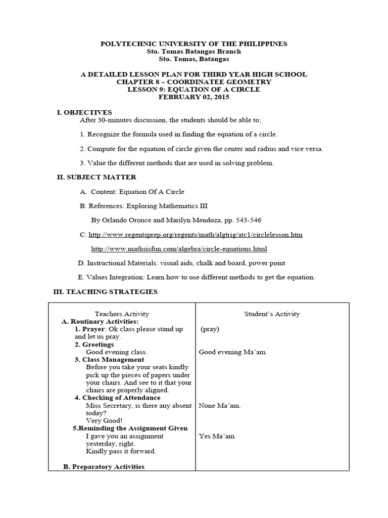 Lesson Plan-Detailed | PDF | Circle | Equations