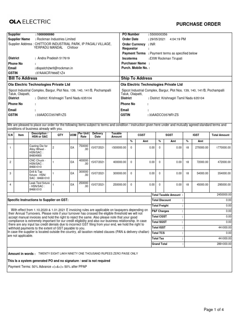 Purchase Order: Bill To Address Ship To Address | Download Free PDF ...