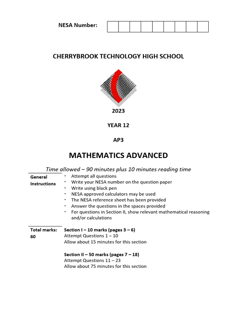 Cherrybrook 2023 At3 Mathematics Advanced Solutions Pdf Function