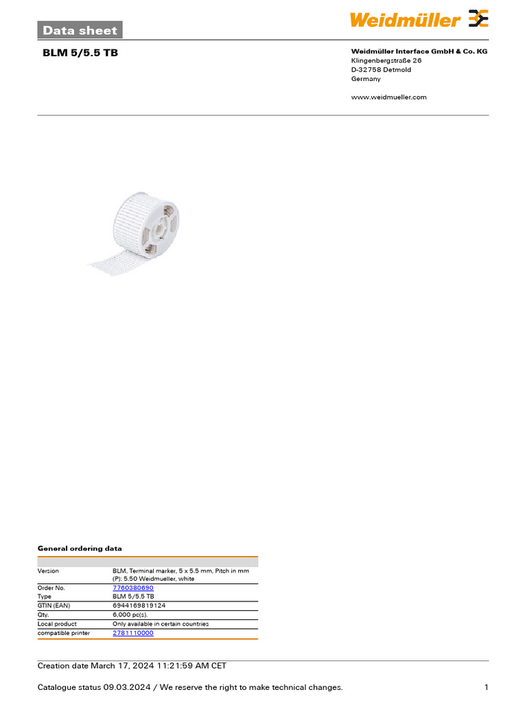 Weidmüller BLM 5/5.5 TB Data Sheet | PDF | Computer Hardware | Office ...