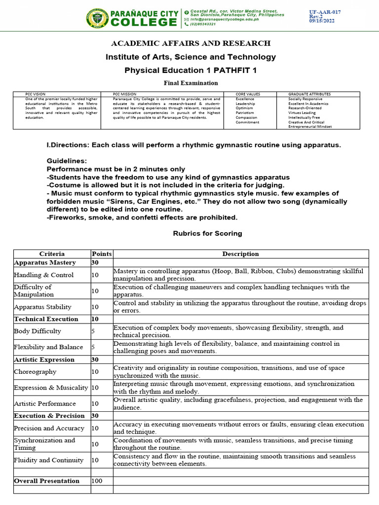 Pe Pathfit 1 Rubrics 1 Pdf Gymnastics