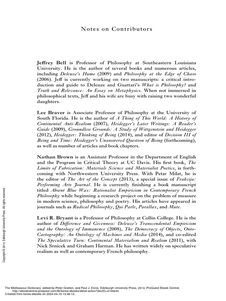 The Meillassoux Dictionary - (Notes On Contributors) | PDF | Gilles ...