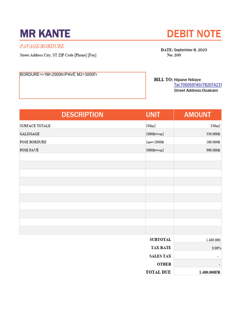 Debit Note for Pavage and Bordure | PDF
