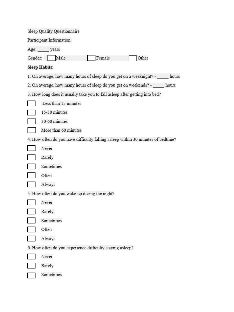 Sleep Quality Assessment Questionnaire | PDF | Sleep | Psychological ...