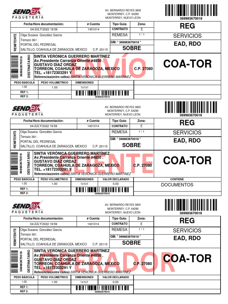 Envio Sendex 0B4BXWRN 05-07-2022 | PDF | México