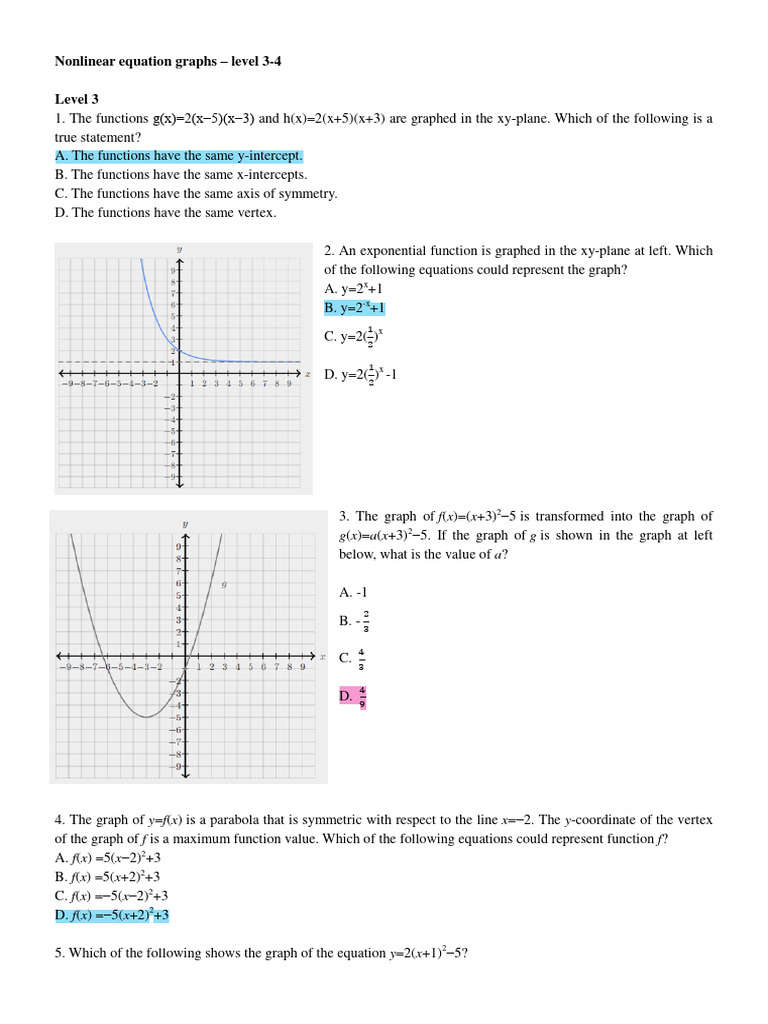 Nonlinear Equation Graphs - Level 3-4 | PDF | Function (Mathematics ...