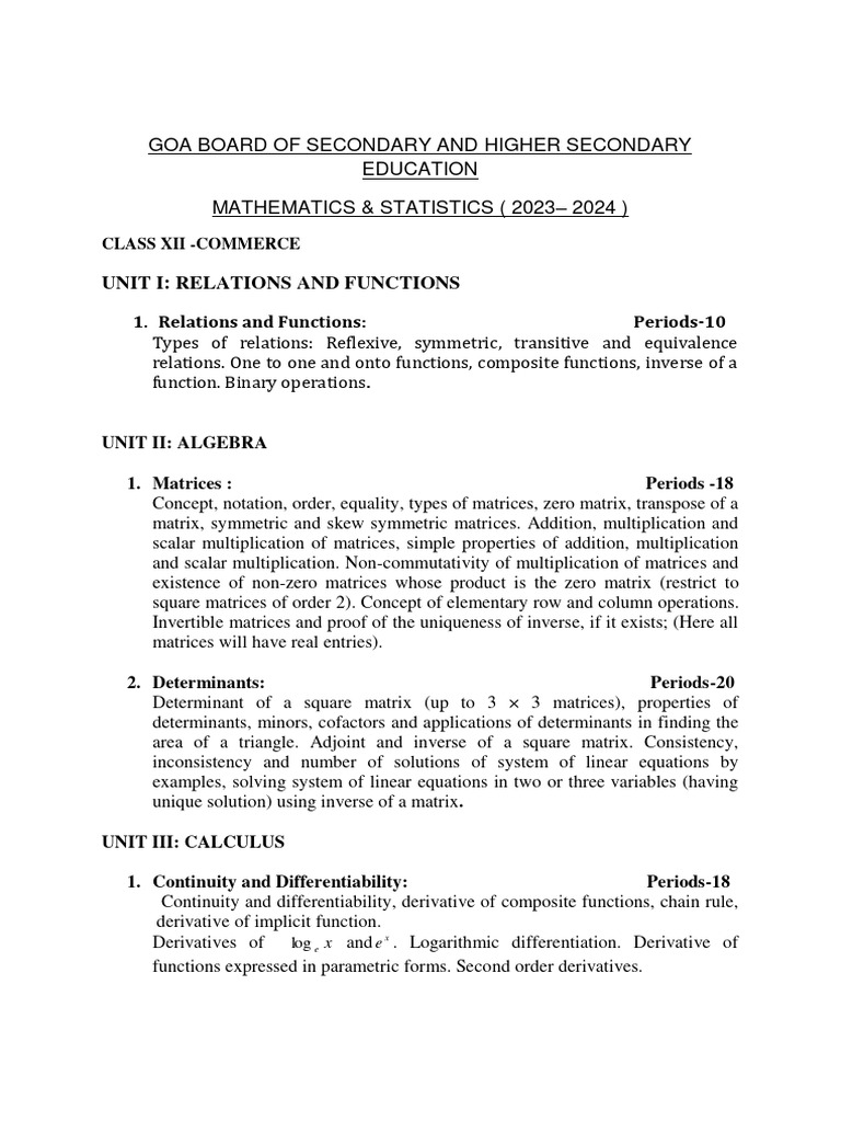 Goa Board of Secondary and Higher Secondary Education Mathematics ...