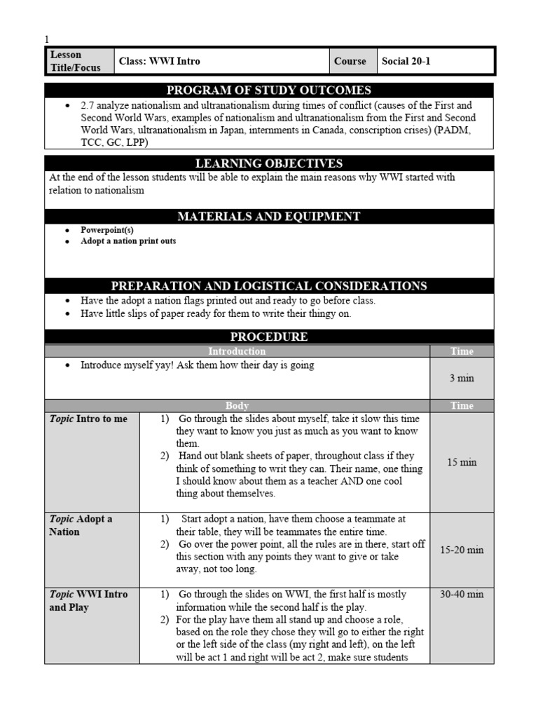 Program of study outcomes lesson title focus class wwi intro course