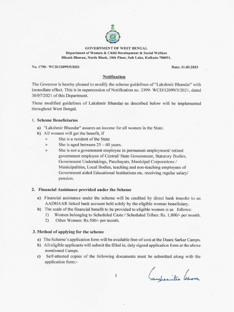 Guidelines of Lakshmir Bhandar 31.03.2023 | PDF