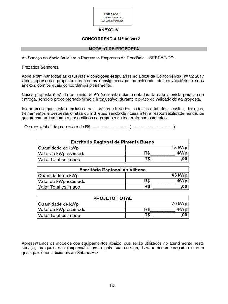 Anexo - IV - Modelo de Proposta - Usina Fotovoltaica | Download grátis ...
