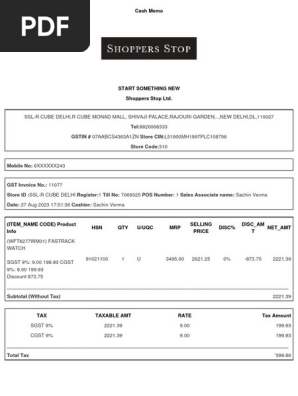 Shoppersstop Receipt 123436194591