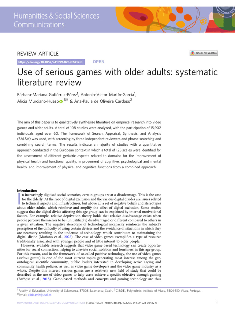 Serious Games for Older Adults: Review | PDF | Balance (Ability ...