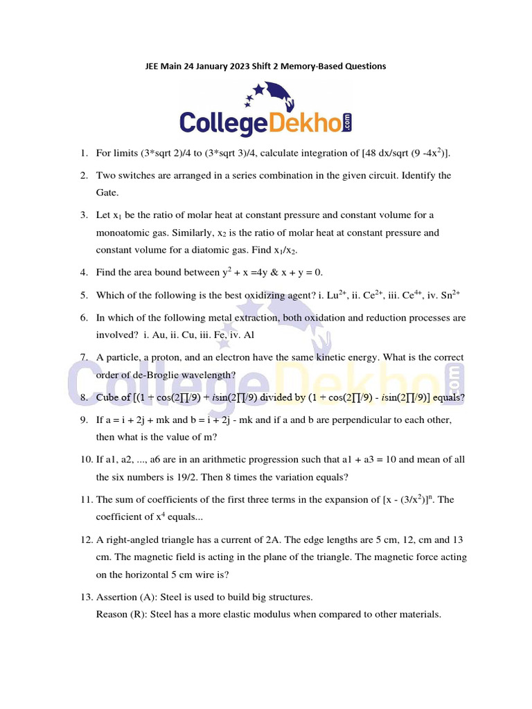 JEE Main 2023 Shift 2 Memory Questions | PDF | Gases | Chemistry
