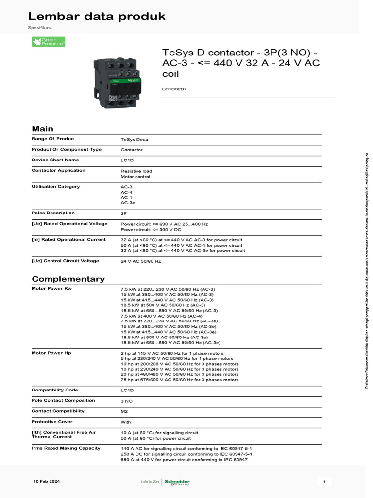 LC1D32B7: IEC contactor, TeSys Deca, nonreversing, 32A, 20HP at 480VAC main image 0