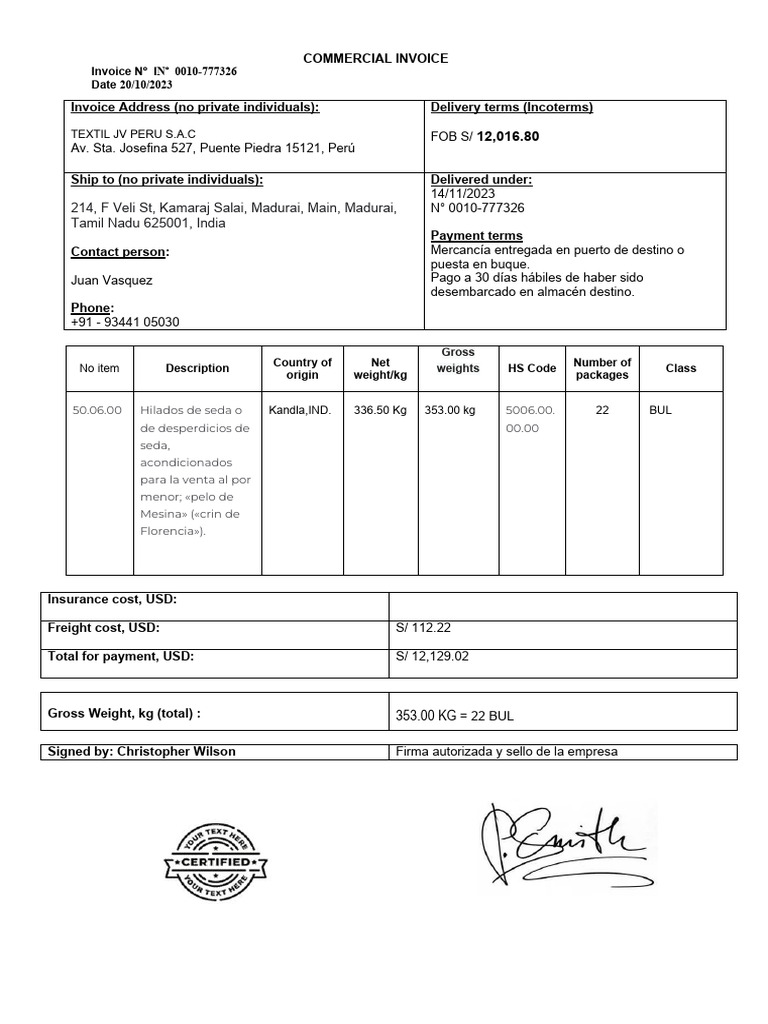 Factura Comercial de Exportación a India | PDF