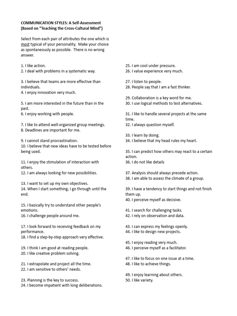 Self-Assessment of Communication Styles | PDF | Cognition | Psychology