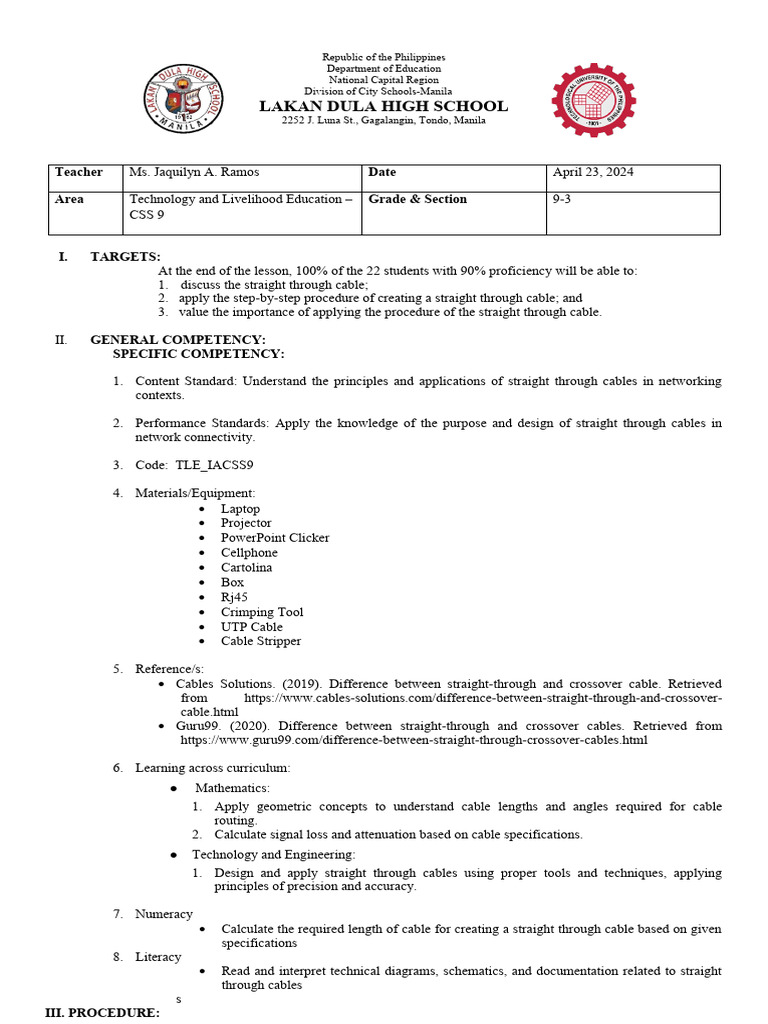 Final Semi-Detailed Lesson Plan | PDF | Computer Network | Ethernet