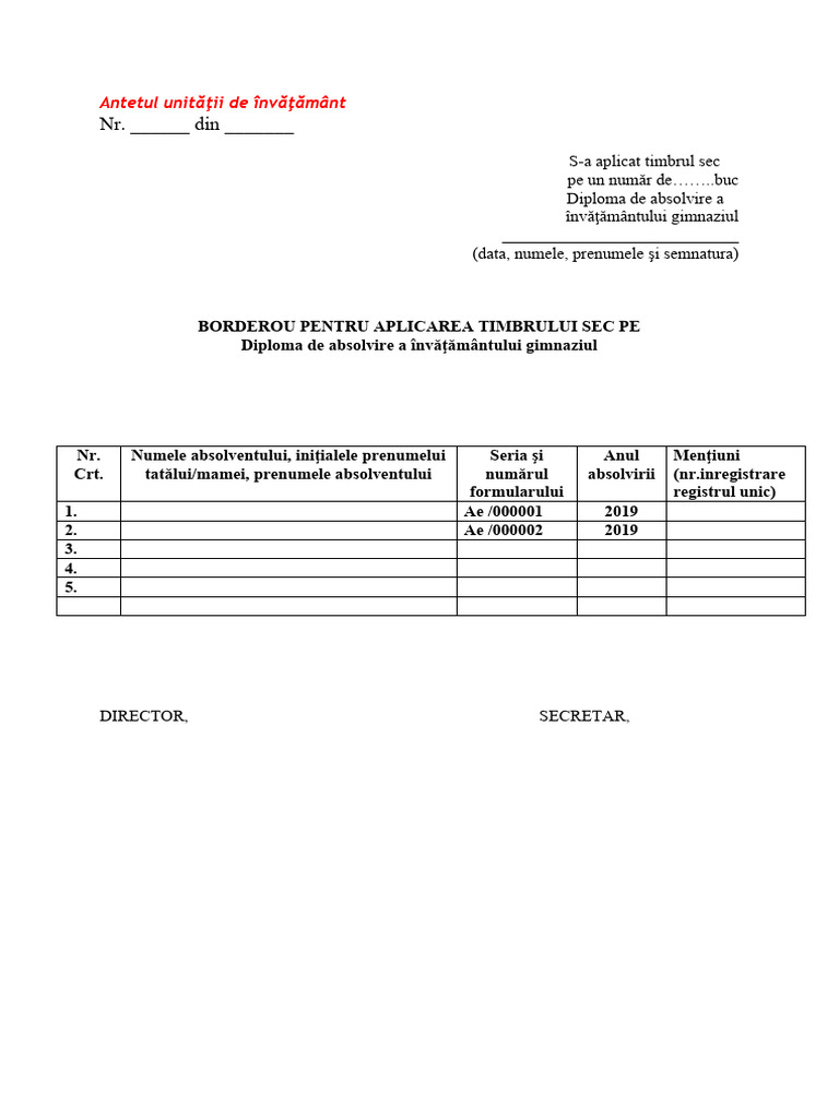 Borderou Aplicare Timbru Sec | PDF