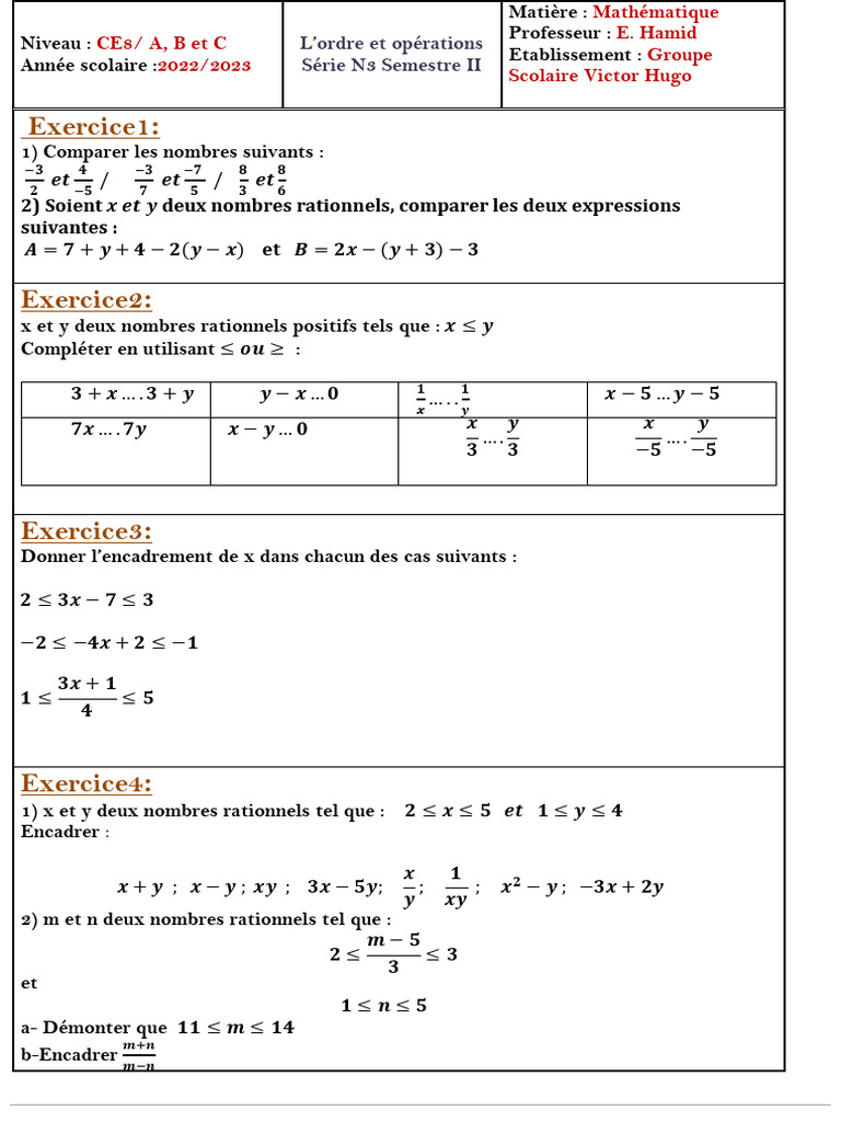 Exercices d'Ordre et Opérations CE8 | PDF | Mathématiques