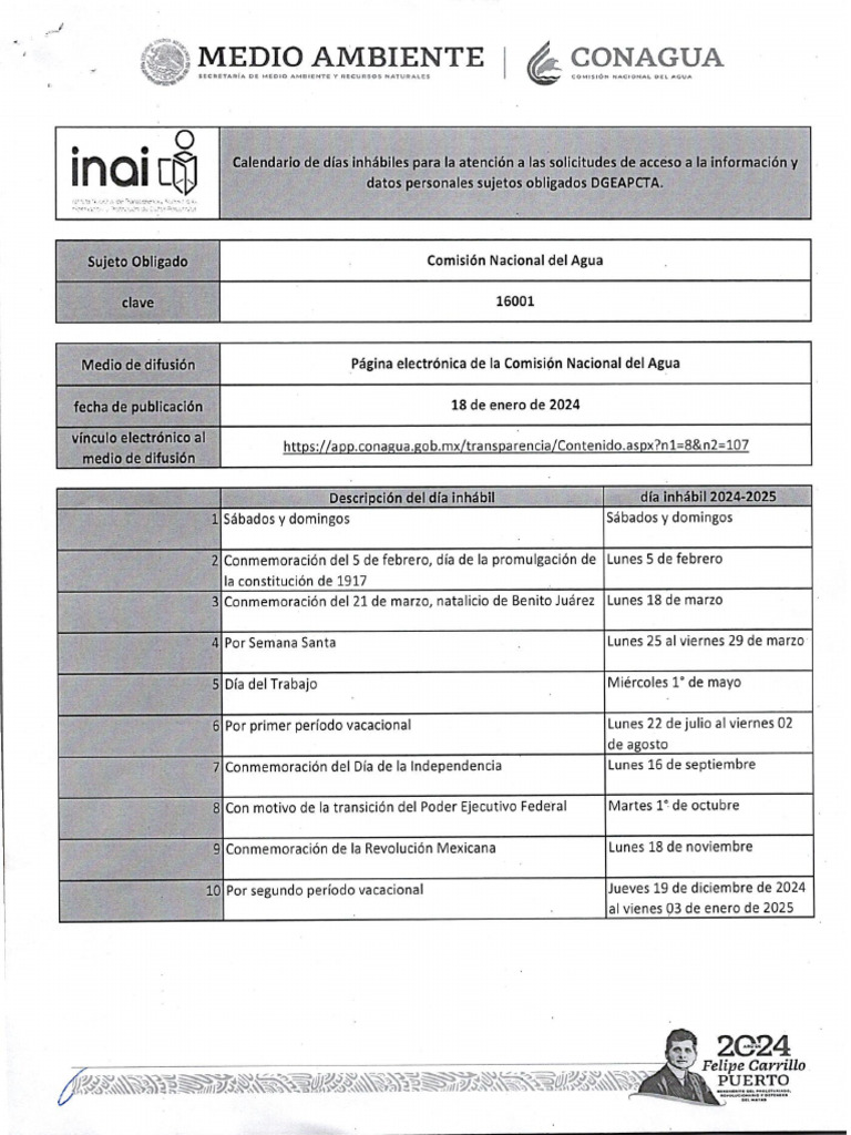 Dias Inhabiles 20242025 Conagua PDF