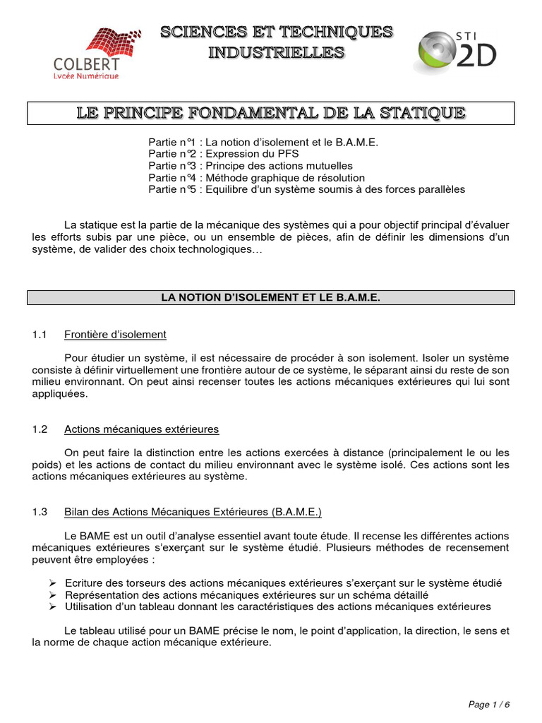 Principe Fondamental de la Statique PDF Moment d'une force Physique — free download