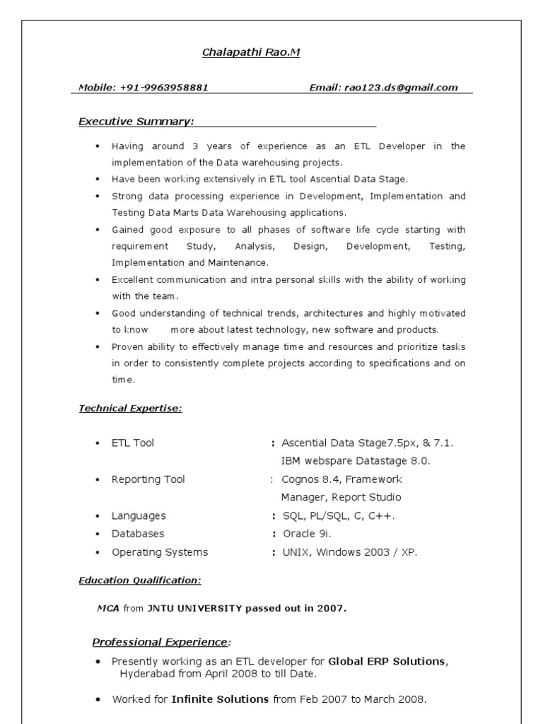 ETL Developer Resume - Chalapathi Rao | PDF | Data Warehouse | Metadata
