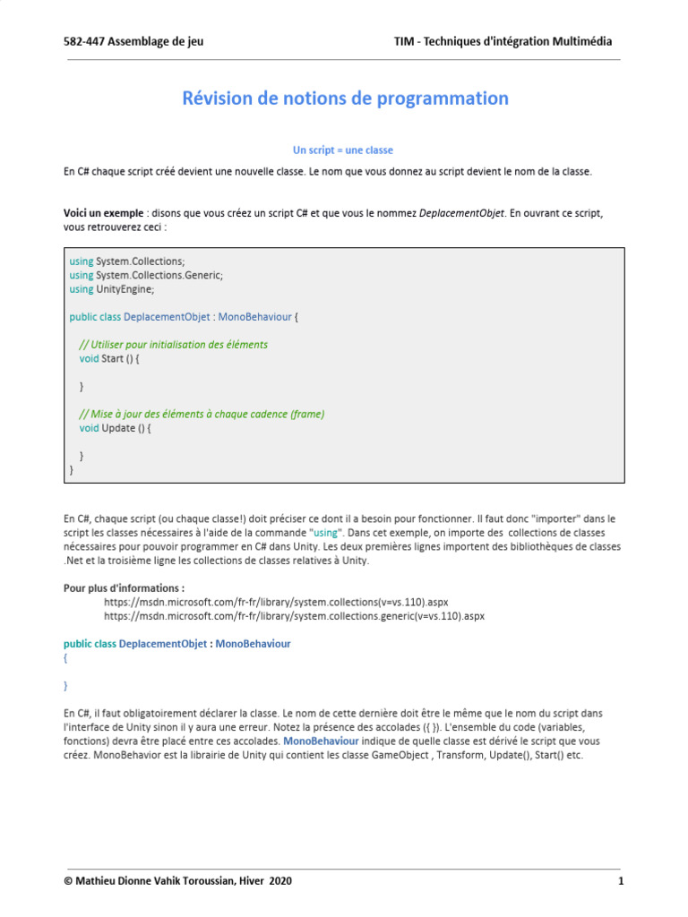 Programmation C# et Vector3 dans Unity | PDF | C# (Langage de ...