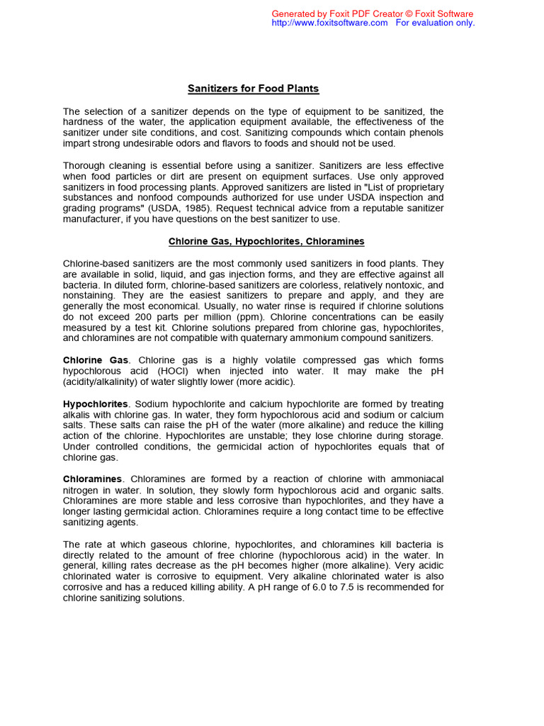 Sanitizers For Food Plants PDF Chlorine Disinfectant