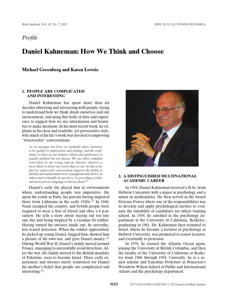Daniel Kahneman's Impact on Decision Science PDF Risk Cognition