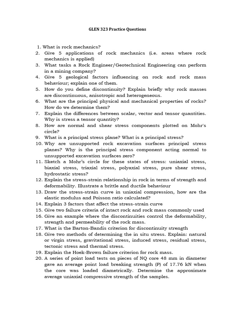 GLEN 323 Rock Mechanics Practice Questions | PDF | Stress (Mechanics ...