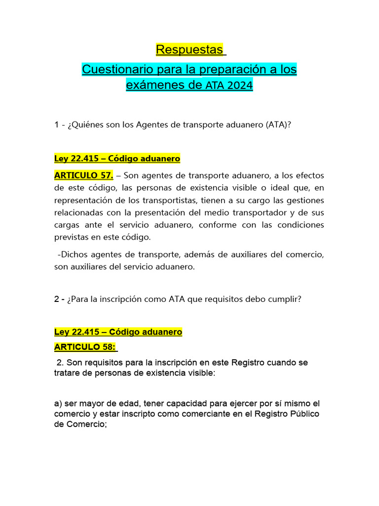 Respuestas de cuestionario ATA | PDF | aduana | Arancel