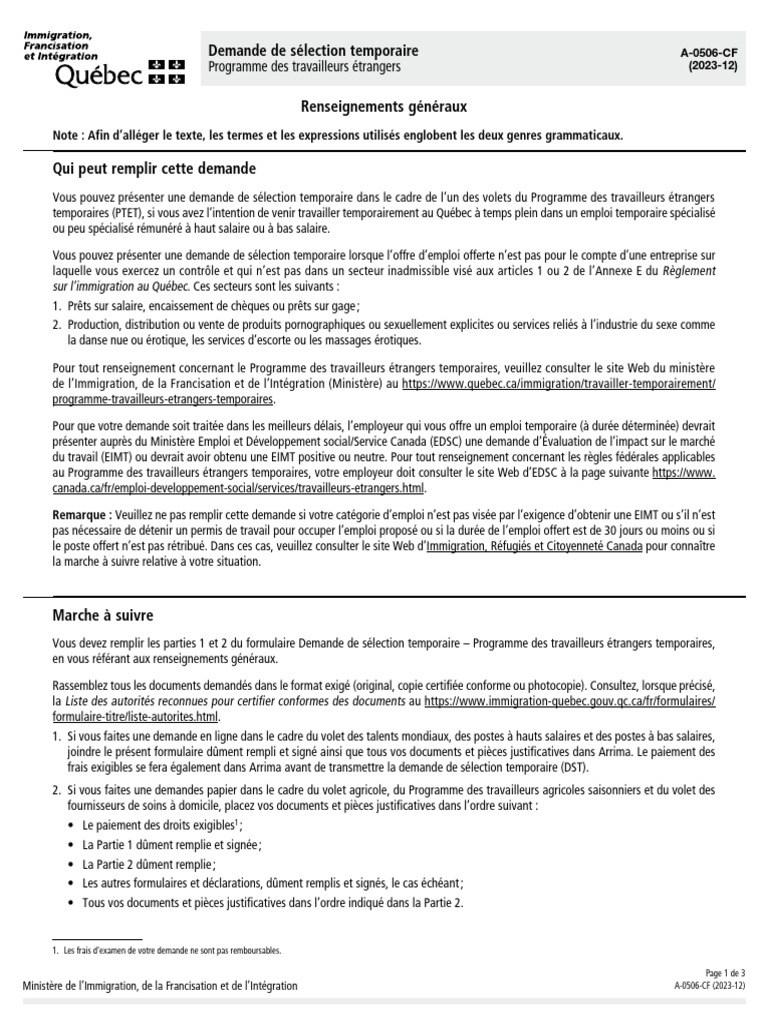 Demande de sélection temporaire PTET | PDF | Traductions | Travailleur ...