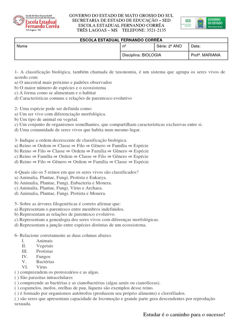 Exercícios Classificação Dos Seres Vivos | PDF | Plantas | Filogenética