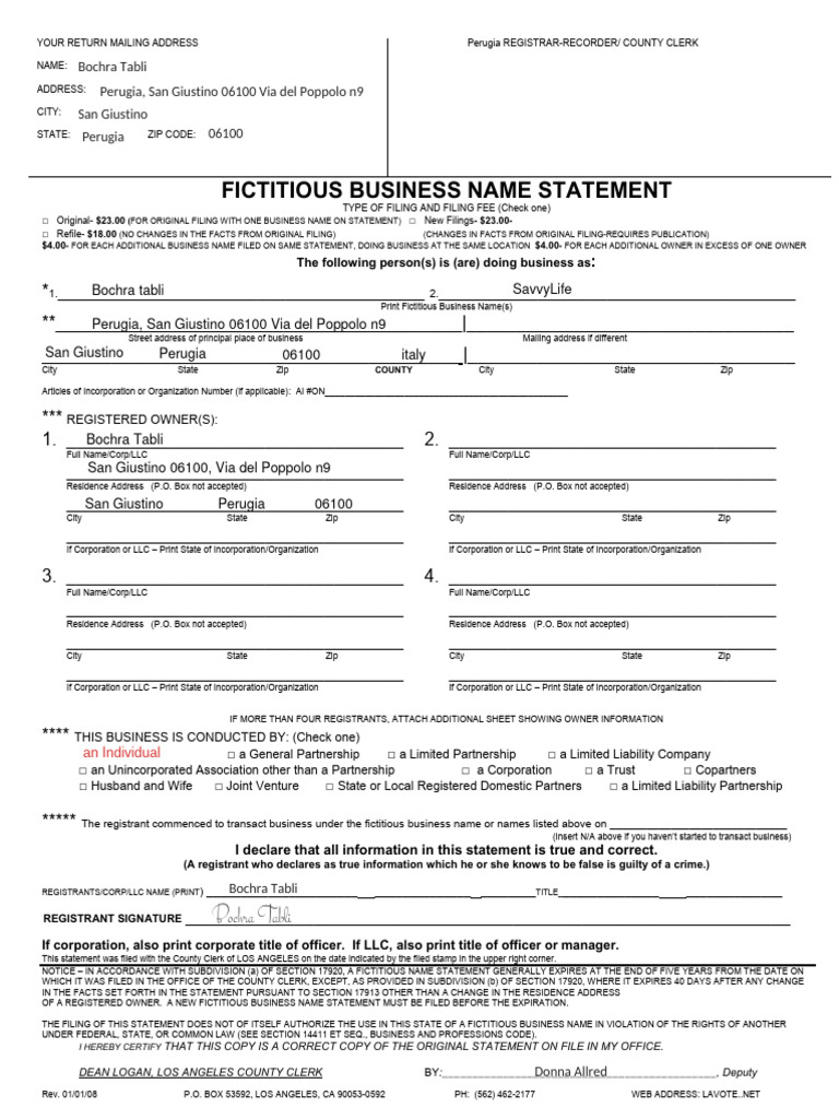 Fictitious Business Name Statement | PDF | Limited Liability Company ...