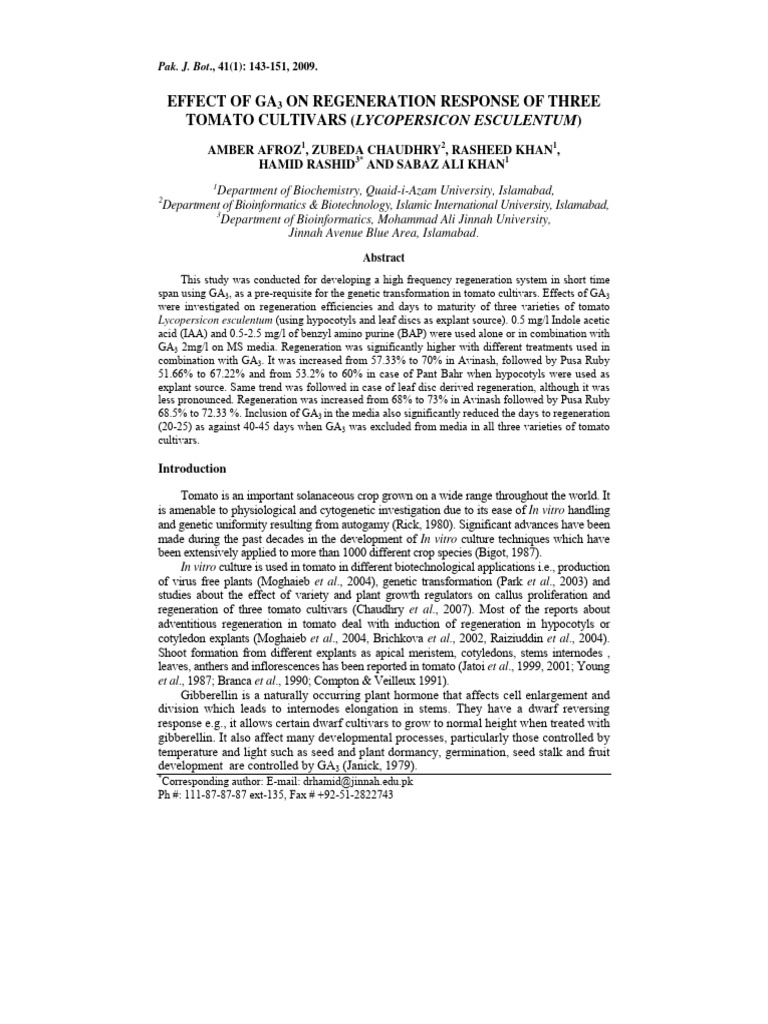 GA3 Response On Regeneration | PDF | Plants | Biology