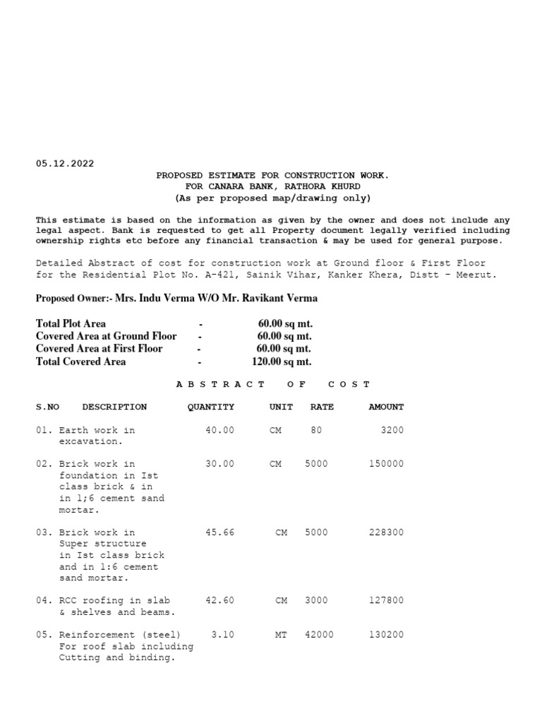 Estimate Of Canara Rathora Khurd Indu Verma PDF Tile Queensland 